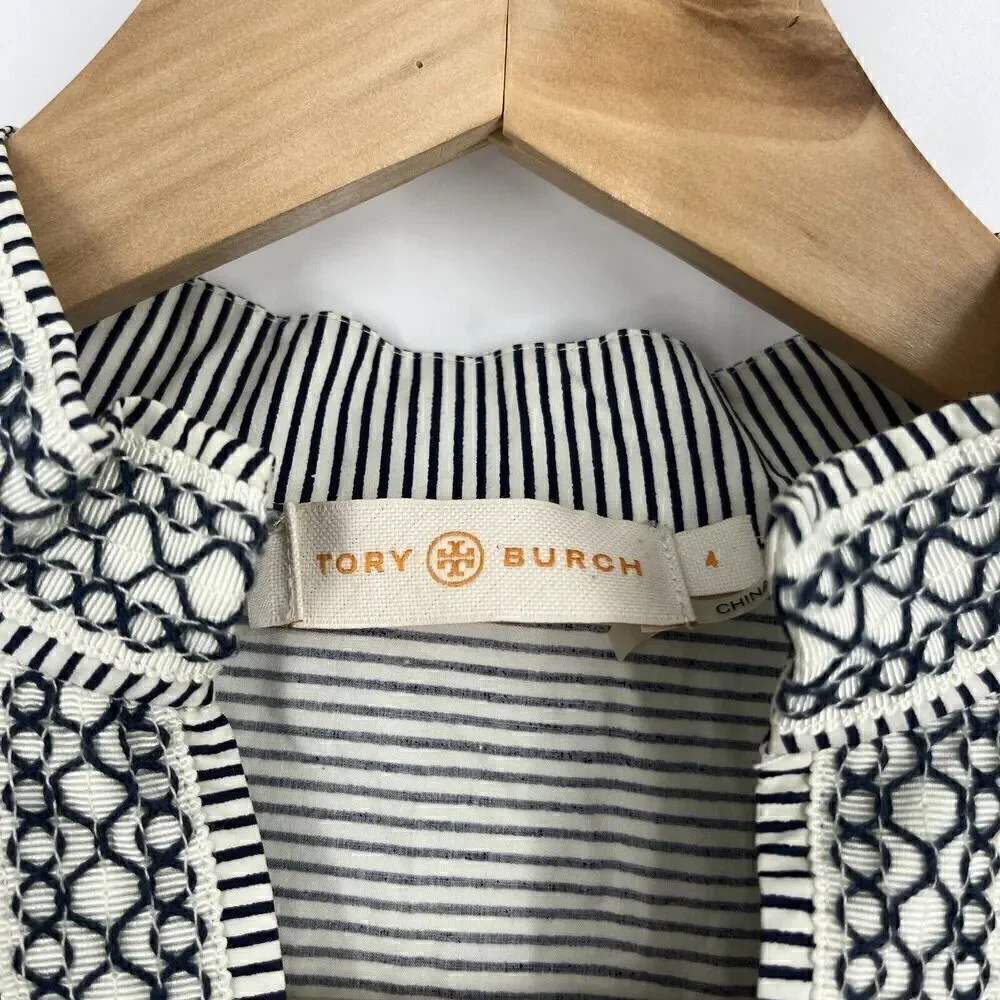 Tory Burch Tunic Dress Size 4 Women Blue White Embroidered Striped V Neck Kaftan
